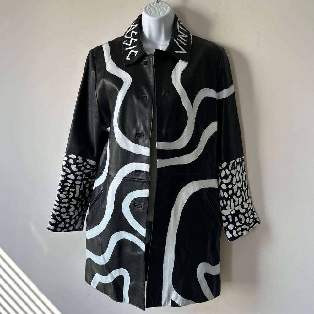 Vintage REWORK UPCYCLE Genuine Leather Abstract & Hand Painted Jacket Size S - Picture 7 of 13